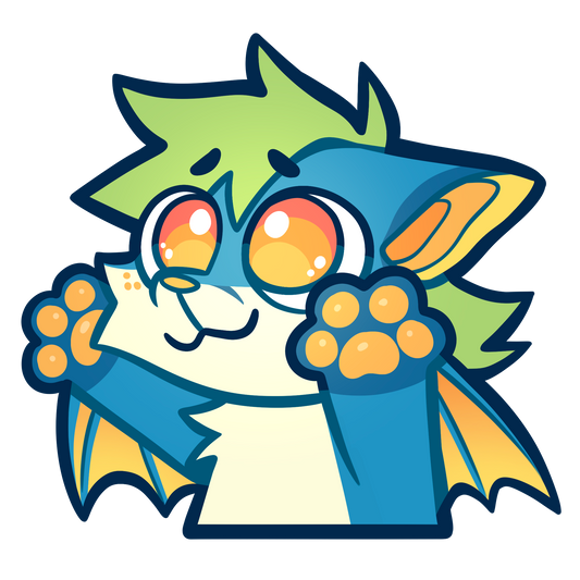 Cartoon bat character with green hair, orange eyes, and blue and yellow wings on a white background