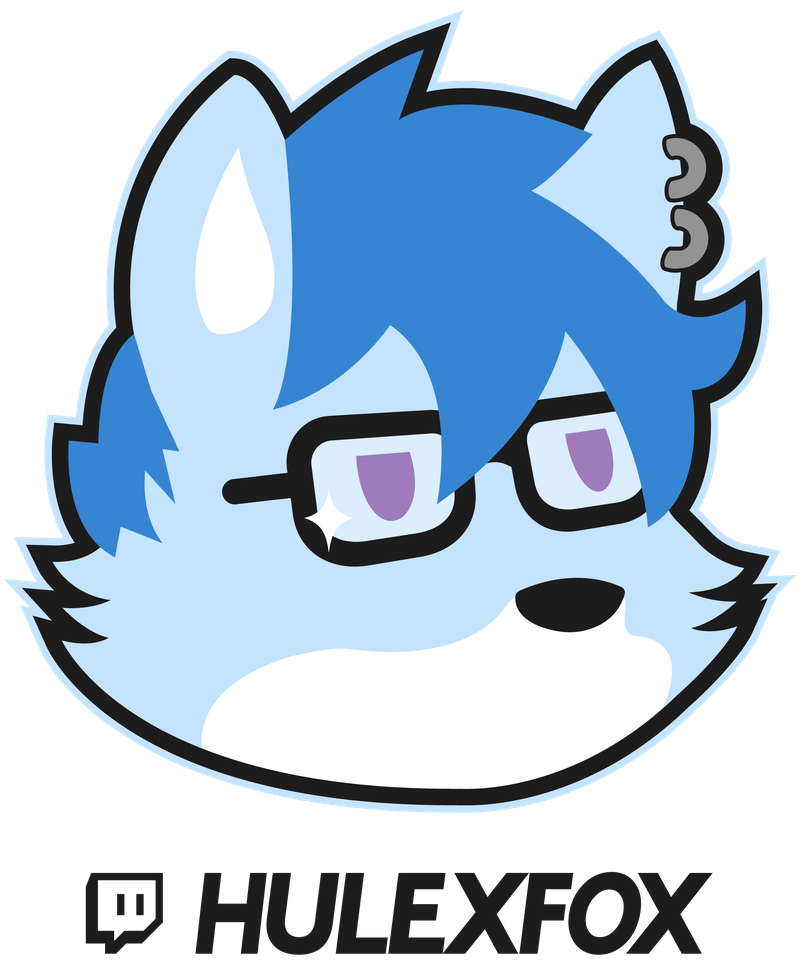 Cartoon fox with blue hair and glasses, featuring the Twitch logo and 'HULEXFOX' text.