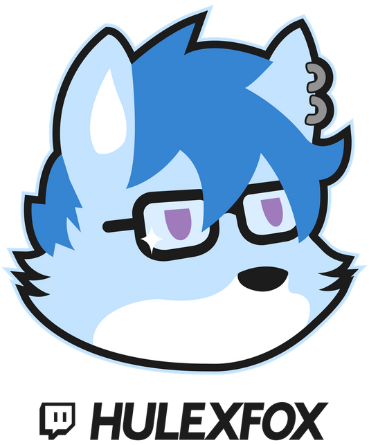 Cartoon fox with blue hair and glasses, featuring the Twitch logo and 'HULEXFOX' text.
