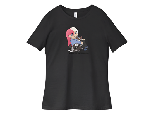 Black t-shirt with a graphic of a person with red hair and dogs on a plain background