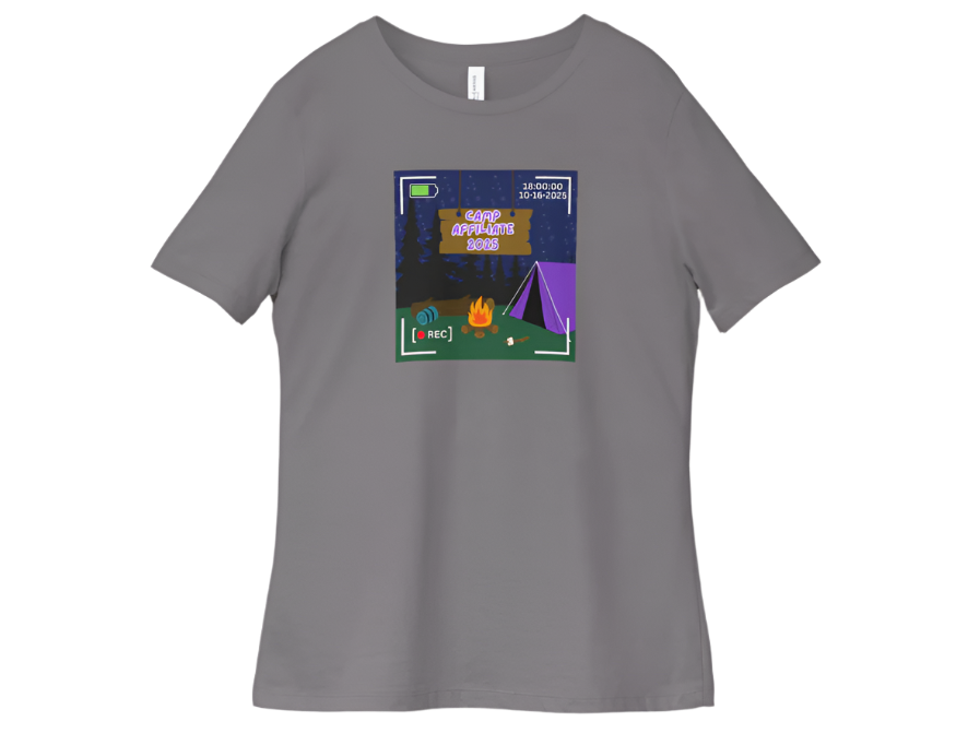 Gray t-shirt with a graphic design of a campsite and text on a white background