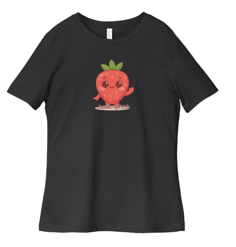 Black t-shirt with a cartoon strawberry design on a white background