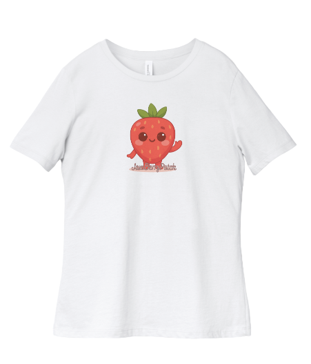 White t-shirt with a cartoon strawberry design on a light gray background
