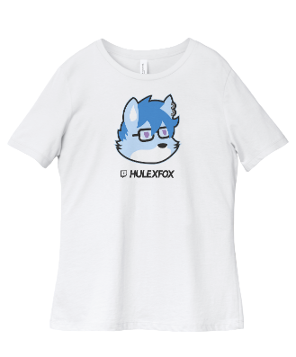 White t-shirt with a blue fox graphic and 'HULEXFOX' text on a white background