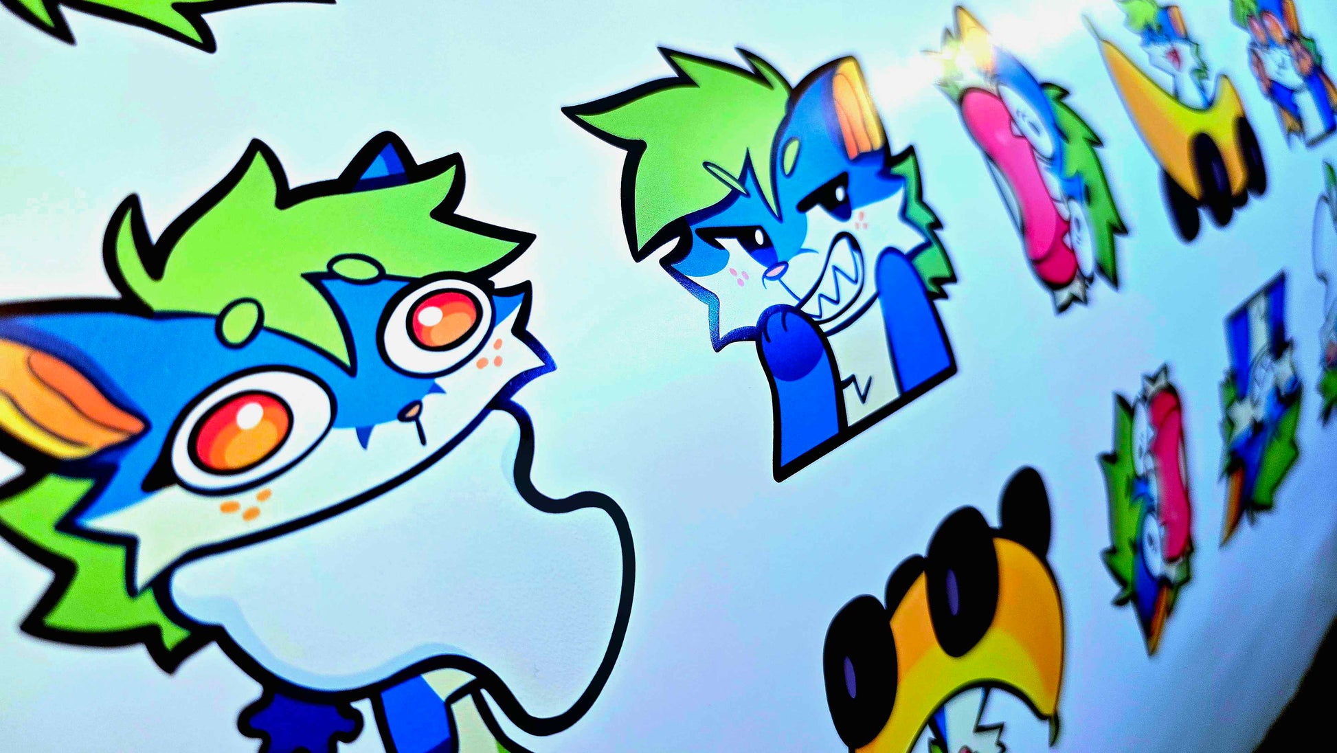 Colorful cartoon characters on a light blue background