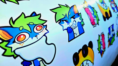 Colorful cartoon characters on a light blue background