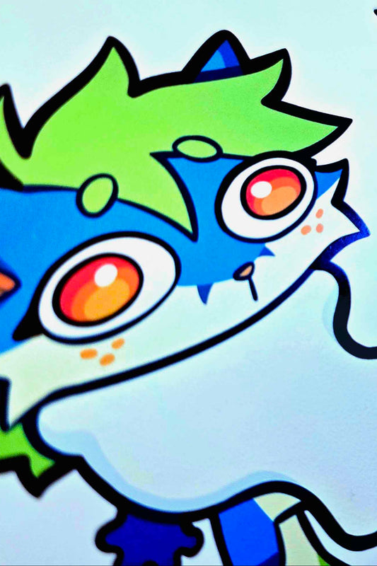 Colorful cartoon characters on a light blue background