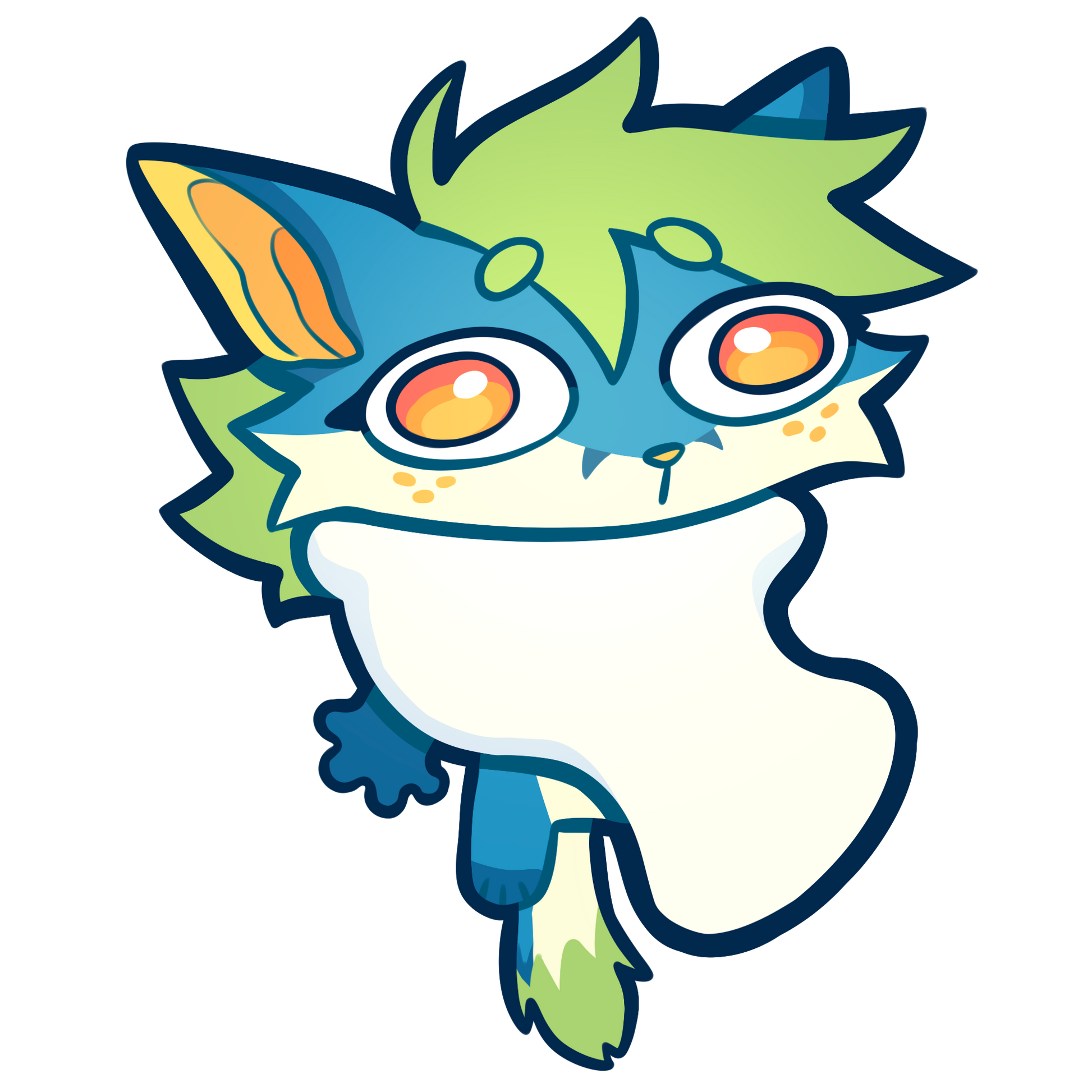 Cartoon character with blue and green colors on a white background