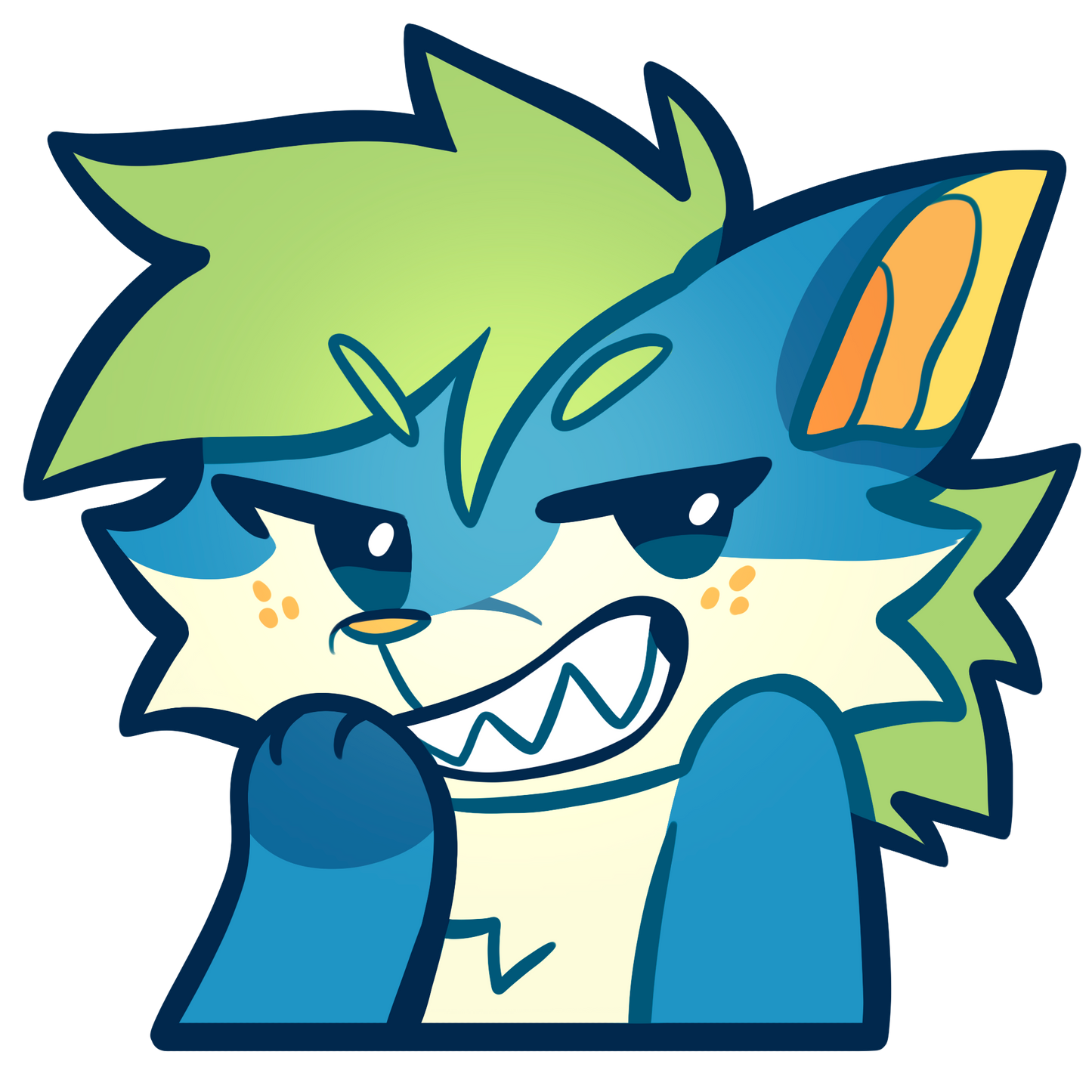 Cartoon character with blue and green fur on a white background