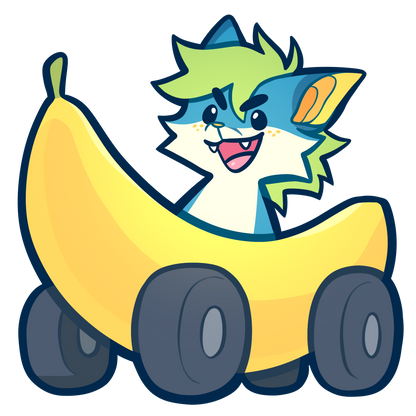 Cartoon character with blue and green hair riding a banana-shaped car on a white background