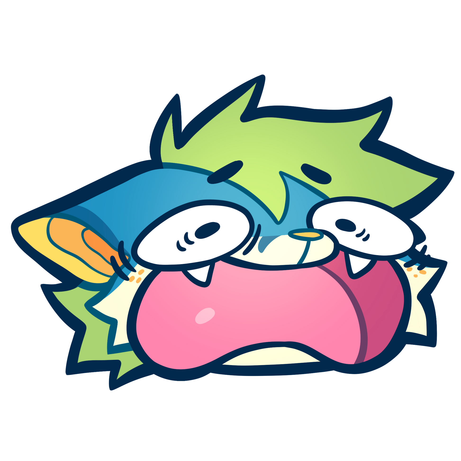 Cartoon character with blue hair and pink body on a white background