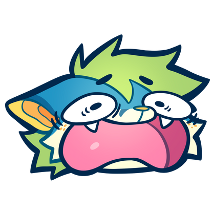 Cartoon character with blue hair and pink body on a white background