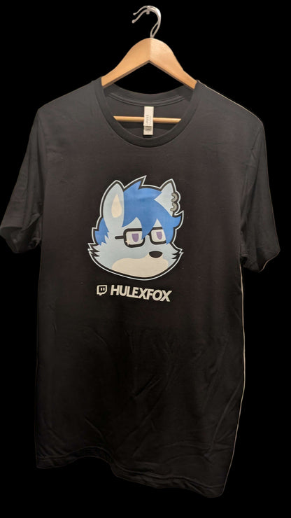 Black t-shirt with a graphic design and 'HULEXFOX' text on a white door background