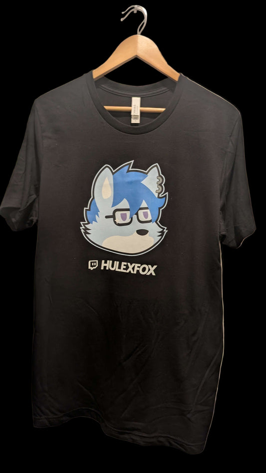 Black t-shirt with a graphic design and 'HULEXFOX' text on a white door background