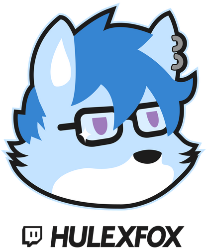 Cartoon fox with blue hair and glasses, featuring the Twitch logo and 'HULEXFOX' text.