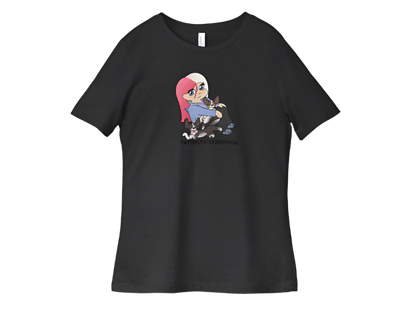Black t-shirt with a graphic of a person with red hair and dogs on a plain background