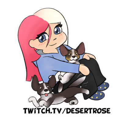 Cartoon character with pink hair and blue outfit holding a dog, with 'Twitch.tv/Desertrose' text below.