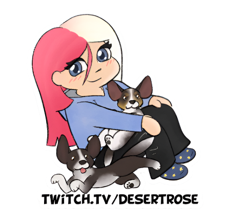 Cartoon character with pink hair and blue outfit holding a dog, with 'Twitch.tv/Desertrose' text below.