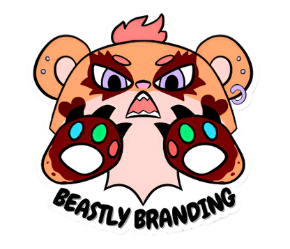 Cartoon bear face with angry expression and 'Beastly Branding' text on a white background