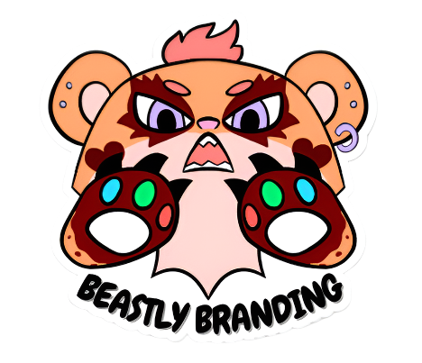Cartoon bear face with angry expression and 'Beastly Branding' text on a white background