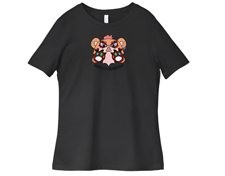 Black t-shirt with a cartoon character design on a white background