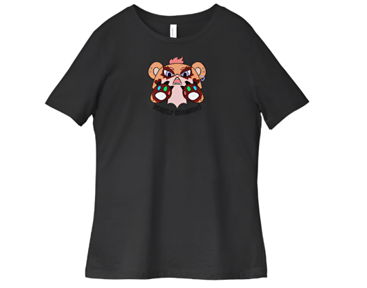 Black t-shirt with a cartoon character design on a white background