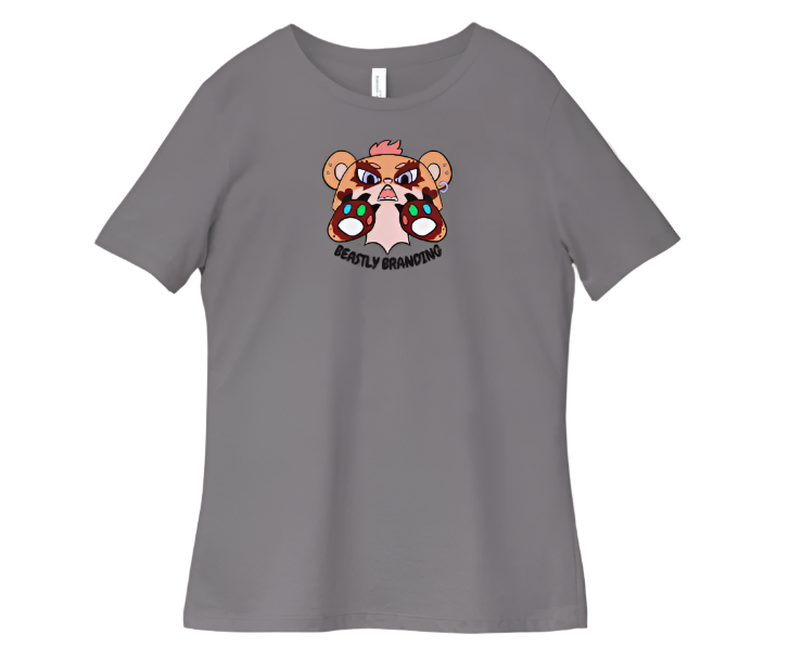 Gray t-shirt with a cartoon bear design and text on a white background