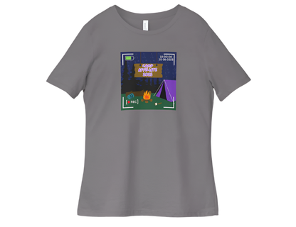 Gray t-shirt with a graphic design of a campsite and text on a white background