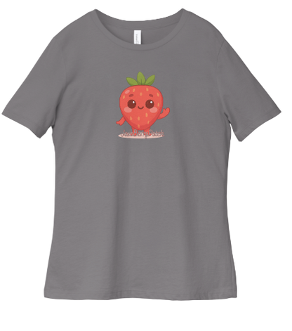 Gray t-shirt with a cartoon strawberry design on a white background