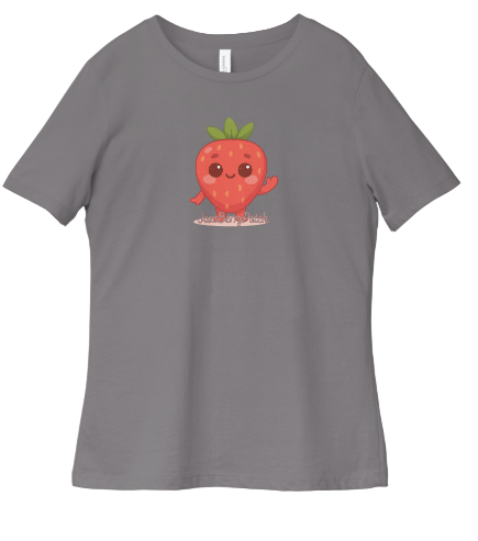 Gray t-shirt with a cartoon strawberry design on a white background
