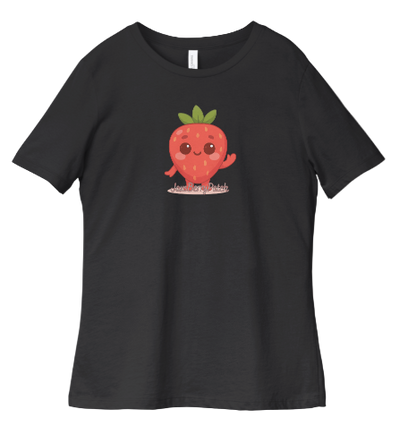 Black t-shirt with a cartoon strawberry design on a white background