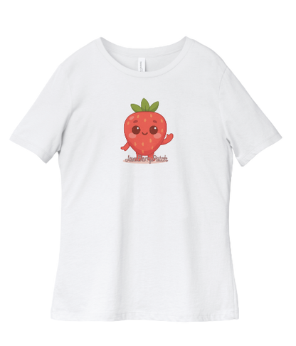 White t-shirt with a cartoon strawberry design on a light gray background
