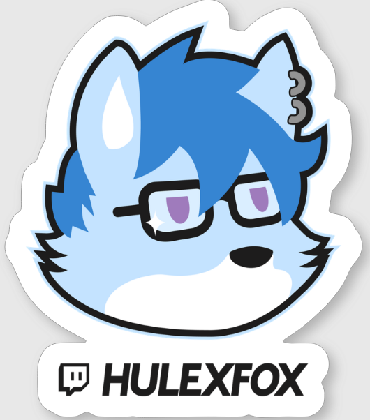 Sticker of a blue fox with glasses and 'HULEXFOX' branding on a gray background