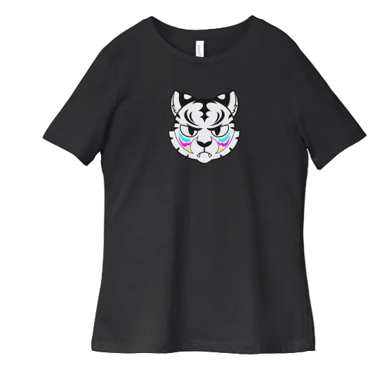 Black t-shirt with a white cat face design on a white background