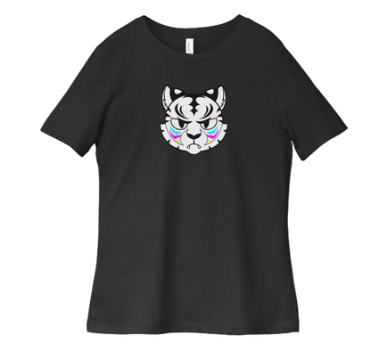 Black t-shirt with a white cat face design on a white background