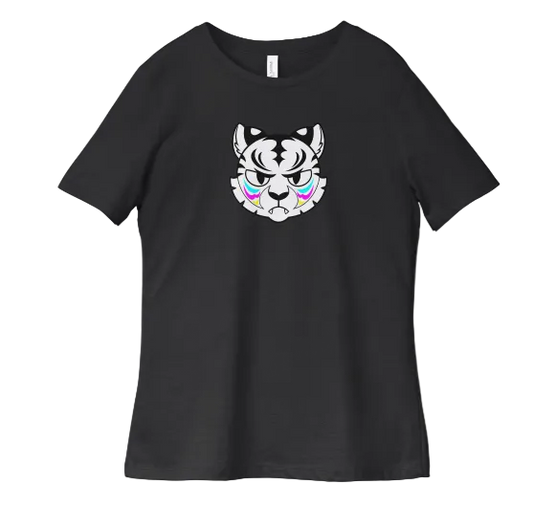 Black t-shirt with a white cat face design on a white background