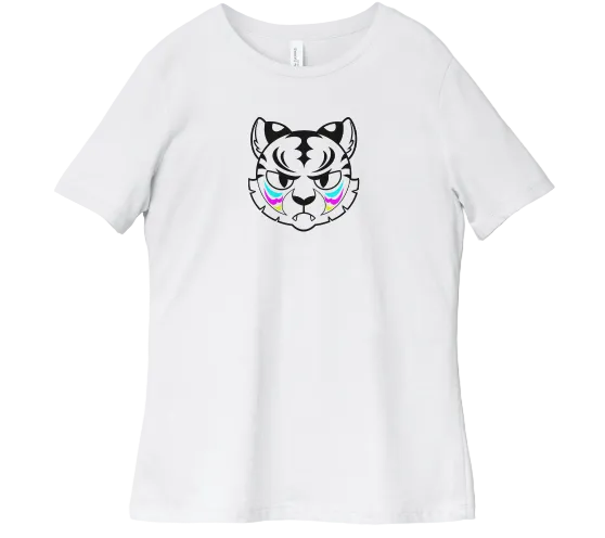 White t-shirt with a graphic of a cat face with rainbow eyes on a white background