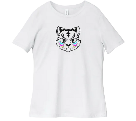 White t-shirt with a graphic of a cat face with rainbow eyes on a white background