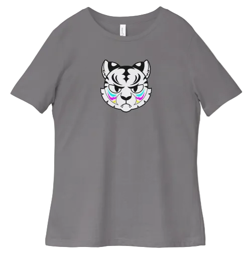 Gray t-shirt with a black and white tiger face design on a white background