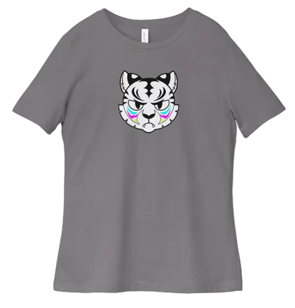 Gray t-shirt with a black and white tiger face design on a white background