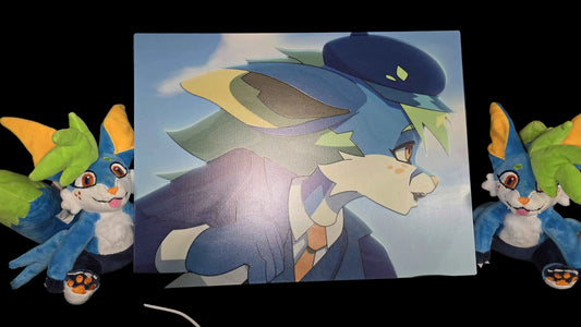A rectangular art print or poster featuring an anime-style blue cat character, plush toys on both sides.